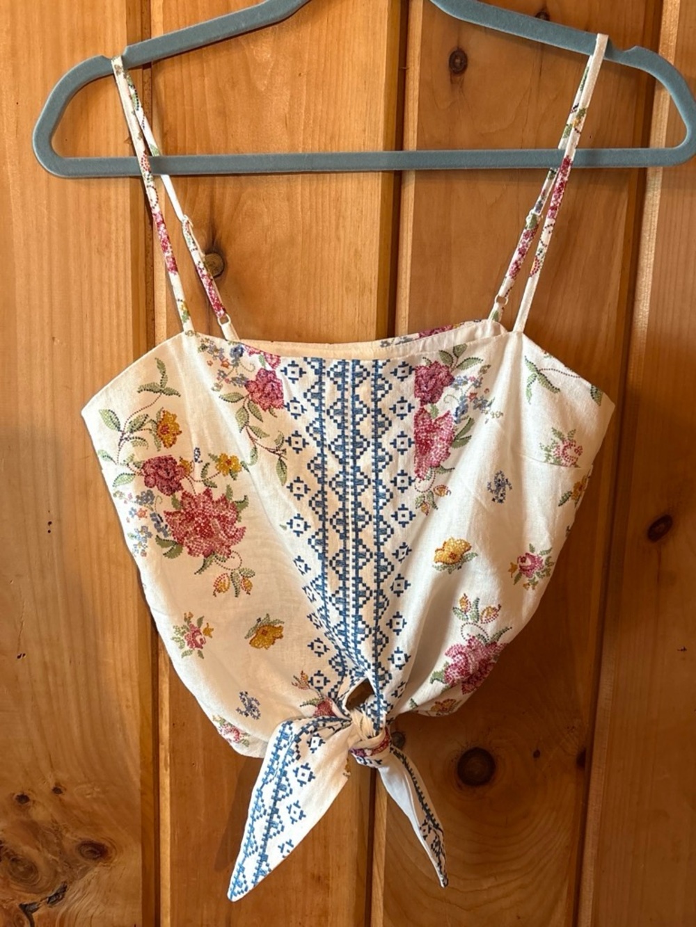 Rachel Zoe Cream Floral Tie-Front Cami with Pink and Blue Accents